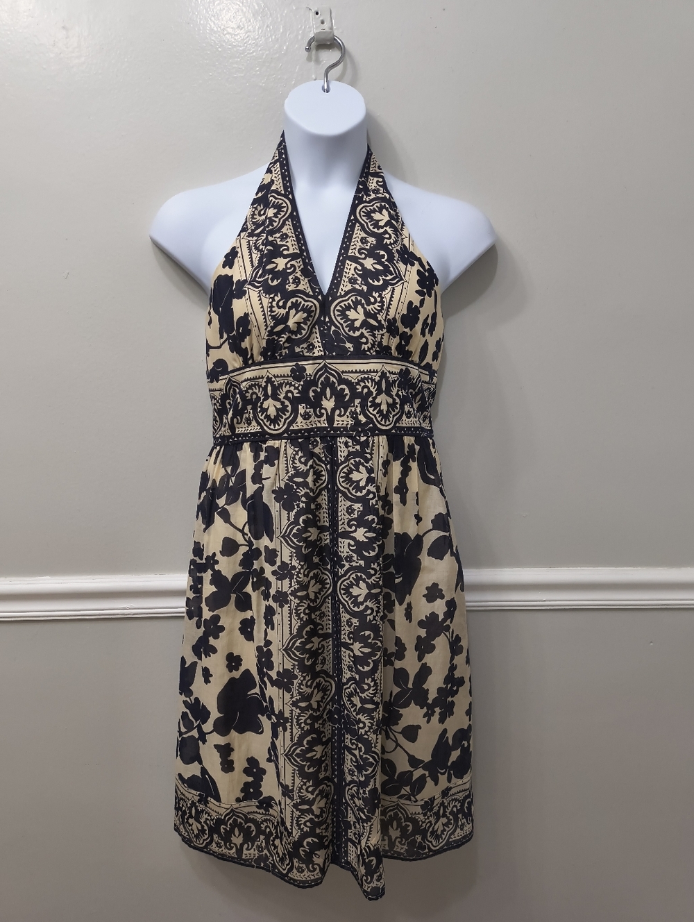 Jones New York Silk Cotton  Floral Halter Dress Beige Black Sz 12 Sexy Classic